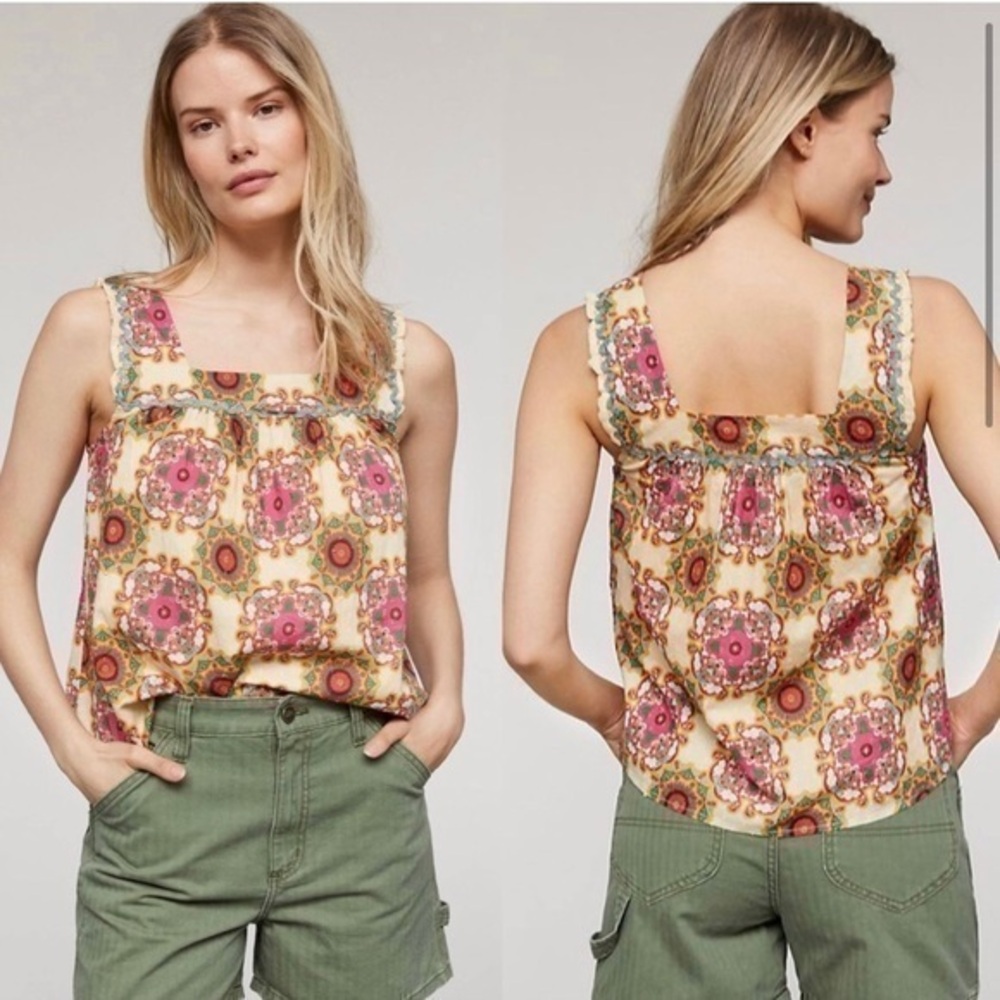 Anthropologie Let Me Be Abstract Ruffled Tank 2 colorful Cotton Patterned Blouse